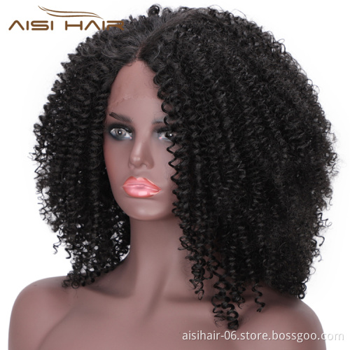 Aisi Hair Medium Long Afro Kinky Curly Wig Lace Frontal Natural Black Wig Synthetic Fluffy Lace Front Hair Wigs For Black Women
